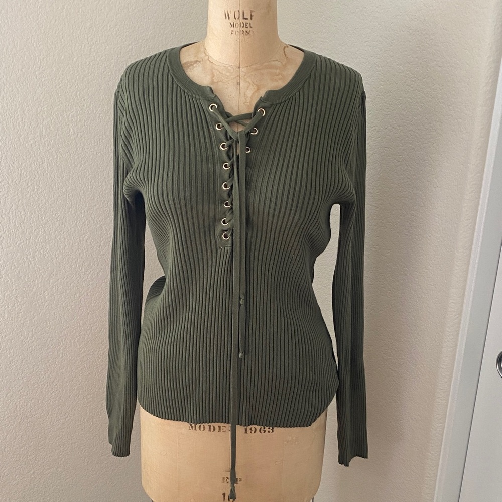 INC International Concepts Olive Green Lace-Up Sweater